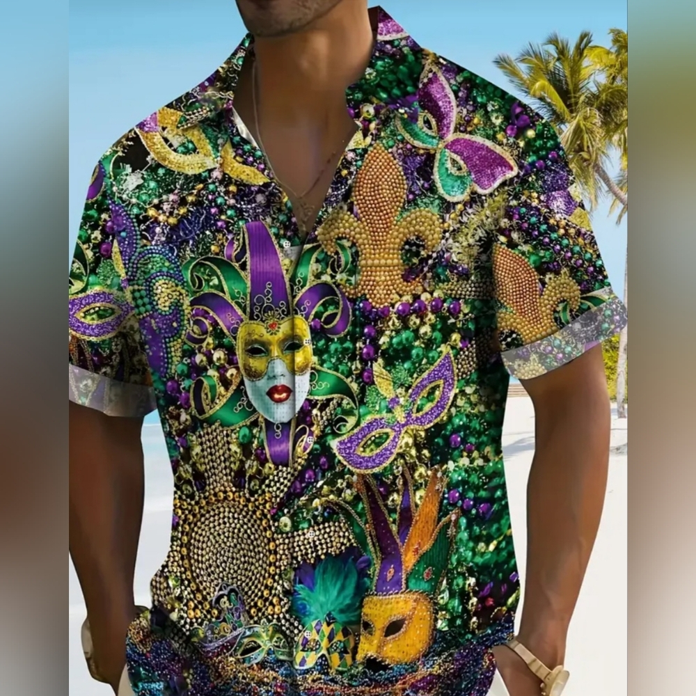 NEW MEN BUTTON DOWN FRONT MADI GRAS PRINT SHIRT SIZE LARGE -42